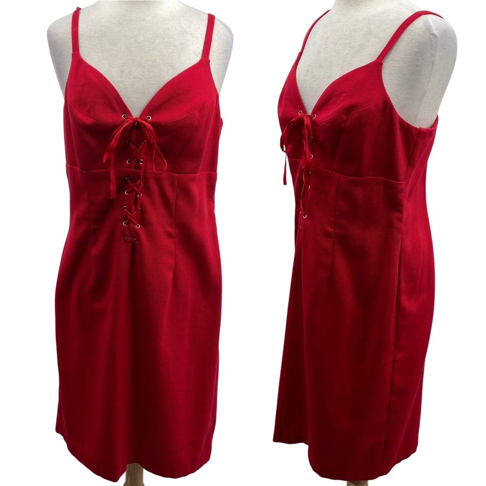 Vintage 90s Lace up Bustier Mini Dress Woven Sheath Cotton Blend Red Womens 12